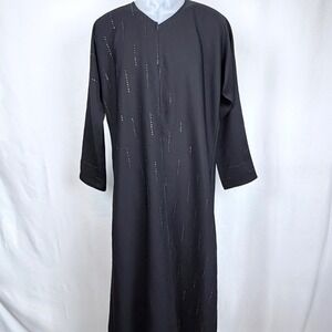 Mens Traditional Sherwani Style Formal Robe Black Rhinestone Jubba Thobe XL